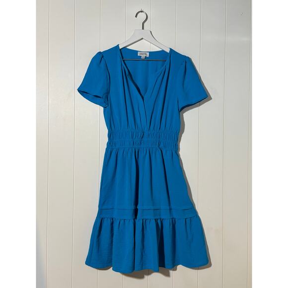 Tahari Arthur S. Levine V-Neck A-Line Short Sleeve V-Neck Dress Blue Small - Picture 1 of 9